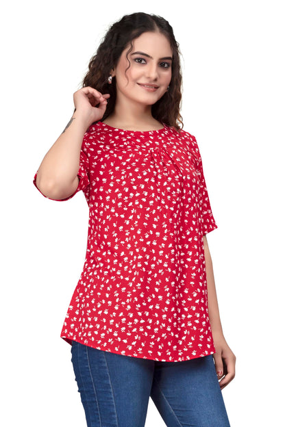 PATLANI Womens Red Floral Printrd Fullstitched Crepe Top.