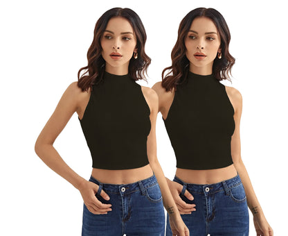 Shasmi Womens & Girls Solid Ribbed Round Neck Collarless Sleeveless Slim Fit Simplicity Tank Tops (Pack of 2) (TOP 37 Black Bl