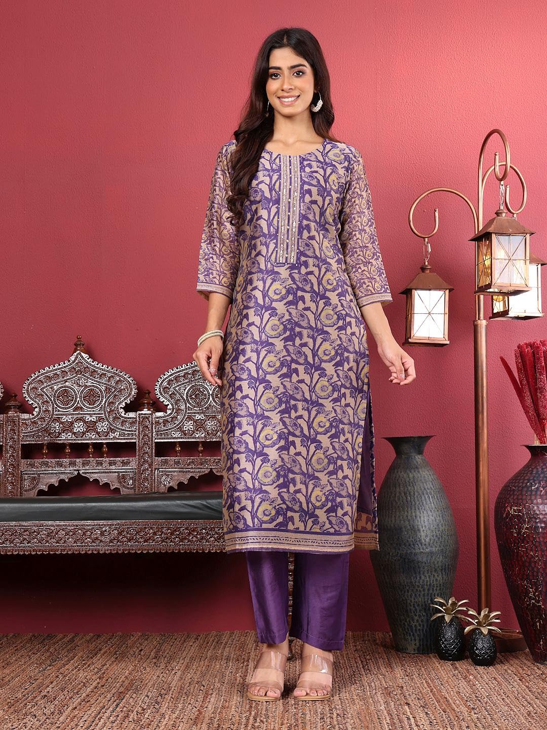 Varanga WomenS Purple Floral Printed Straight Kurta Set