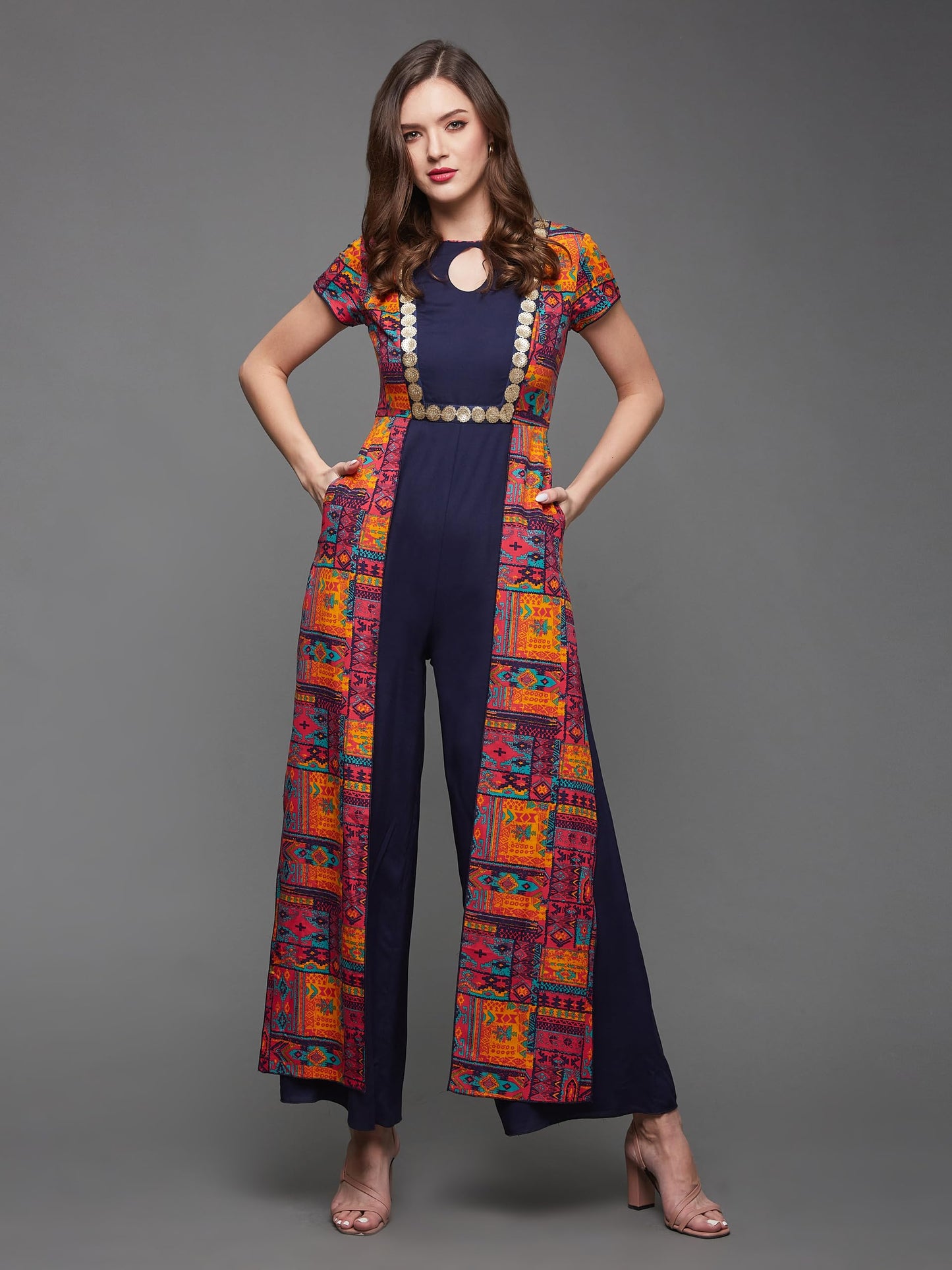 Miss Chase WomenS Keyhole Neck Regular Sleeve Bohemian Panelled Viscose Rayon Regular Length Jumpsuit With Pockets (Mcss24D59-0