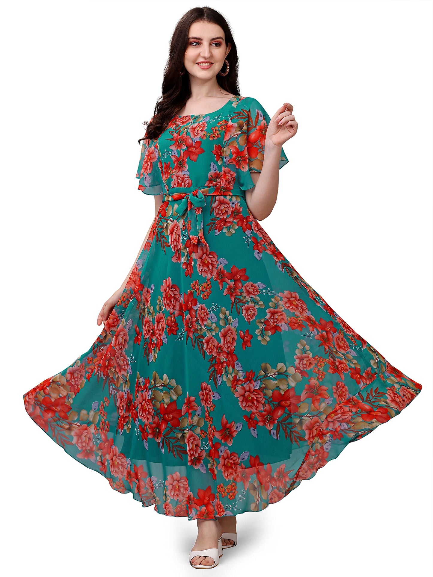 Trillmixa WomenS Georgette Floral Maxi-Length Dress(T_Flower) Light Blue