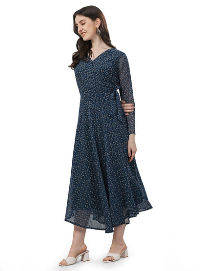 Trillmixa WomenS Georgette Midi Dress With Floral Printed Pattern Long Sleeves Knee Length V Neck A Line Style And Regular Fit