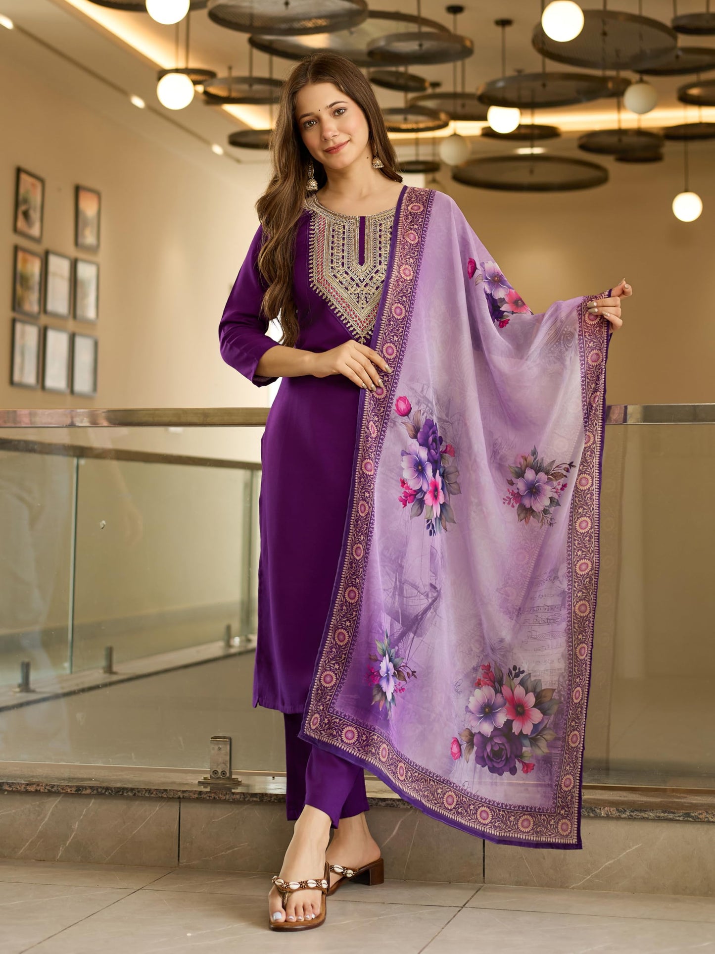 Naixa WomenS Rayon Embroidered Straight Kurta Pant Dupatta Set  Ethnic Wear, 3-Piece Set For Wedding And Festival (Nx2-706-Purp