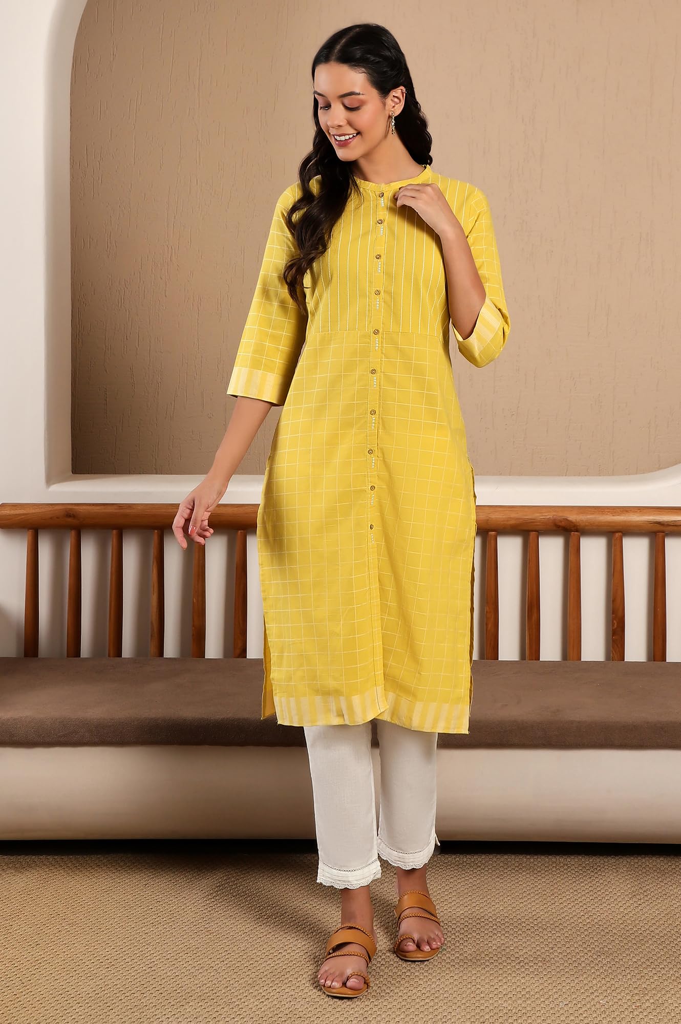 W Yellow Cotton Checked Straight-Long Kurta for Women