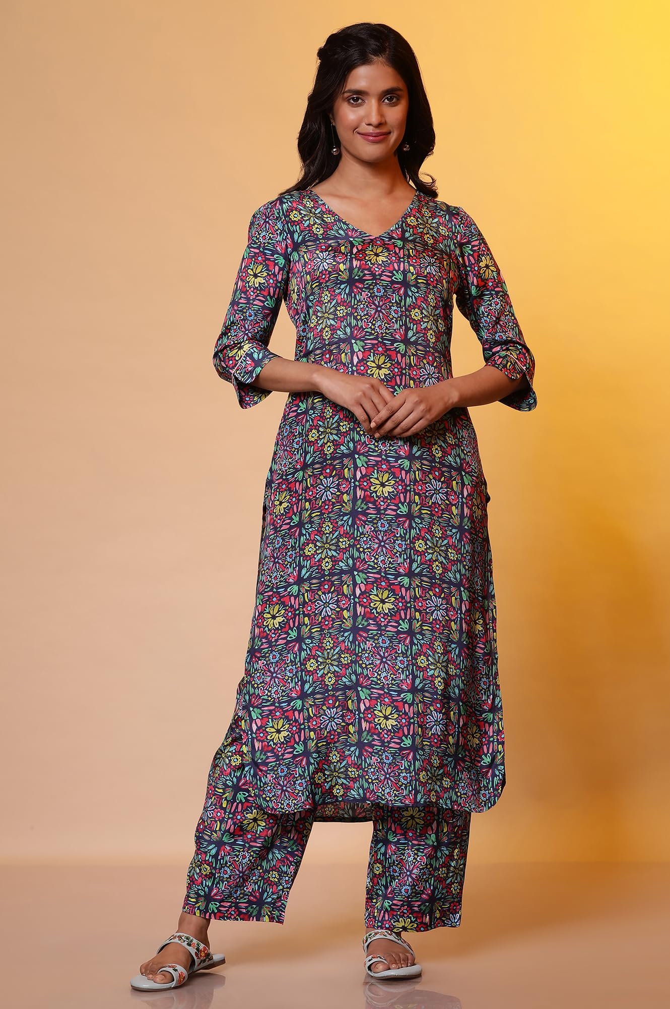 Aurelia WomenS Viscose Floral Regular Kurta (24Fea15220_Blue