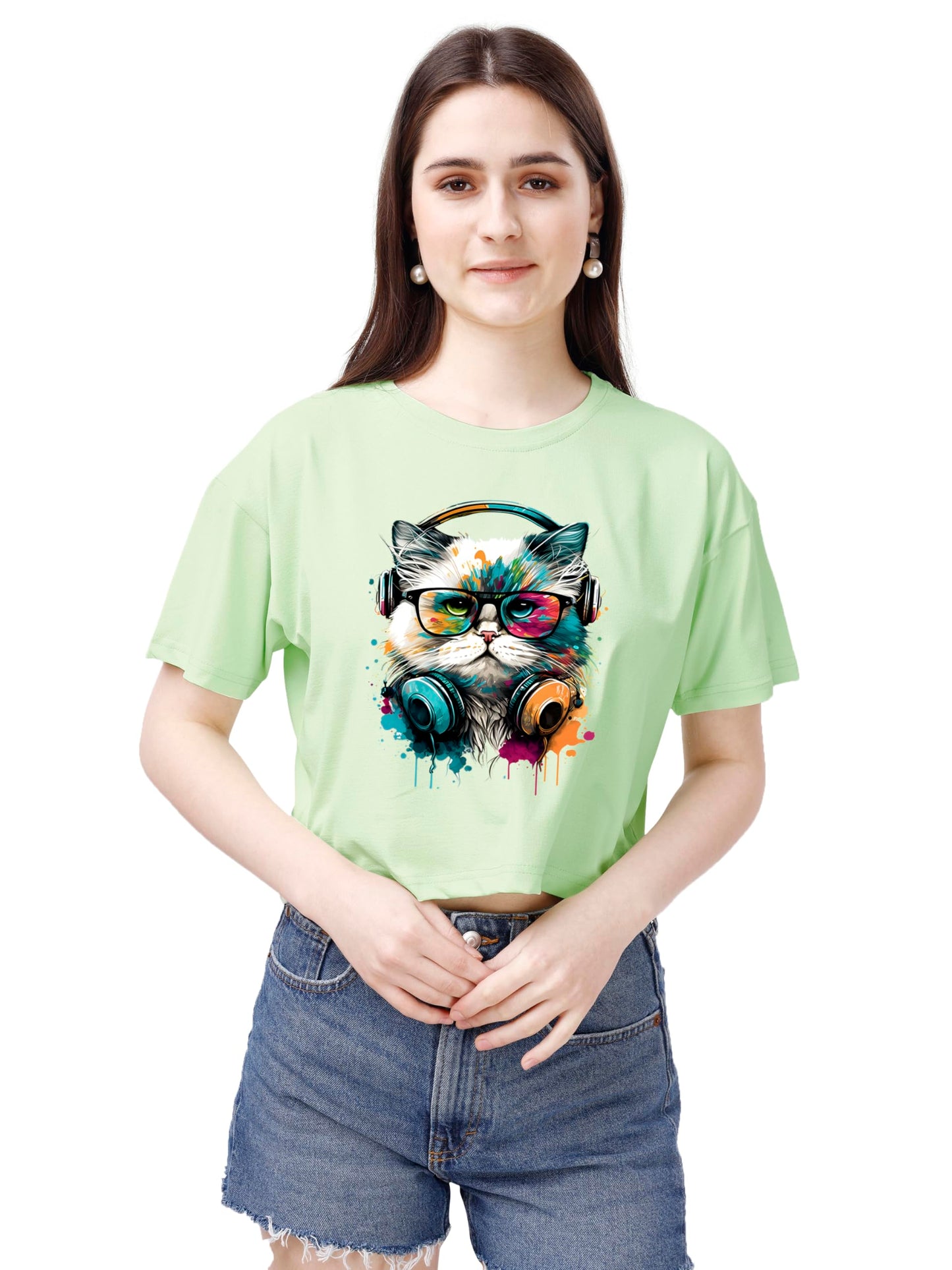 ELLITI Soft Rich Cotton Casual Cat Face Printed Cyan/See Green Half Sleeve | Round Neck | Oversized/Loose Fit | Down Solder | Ra