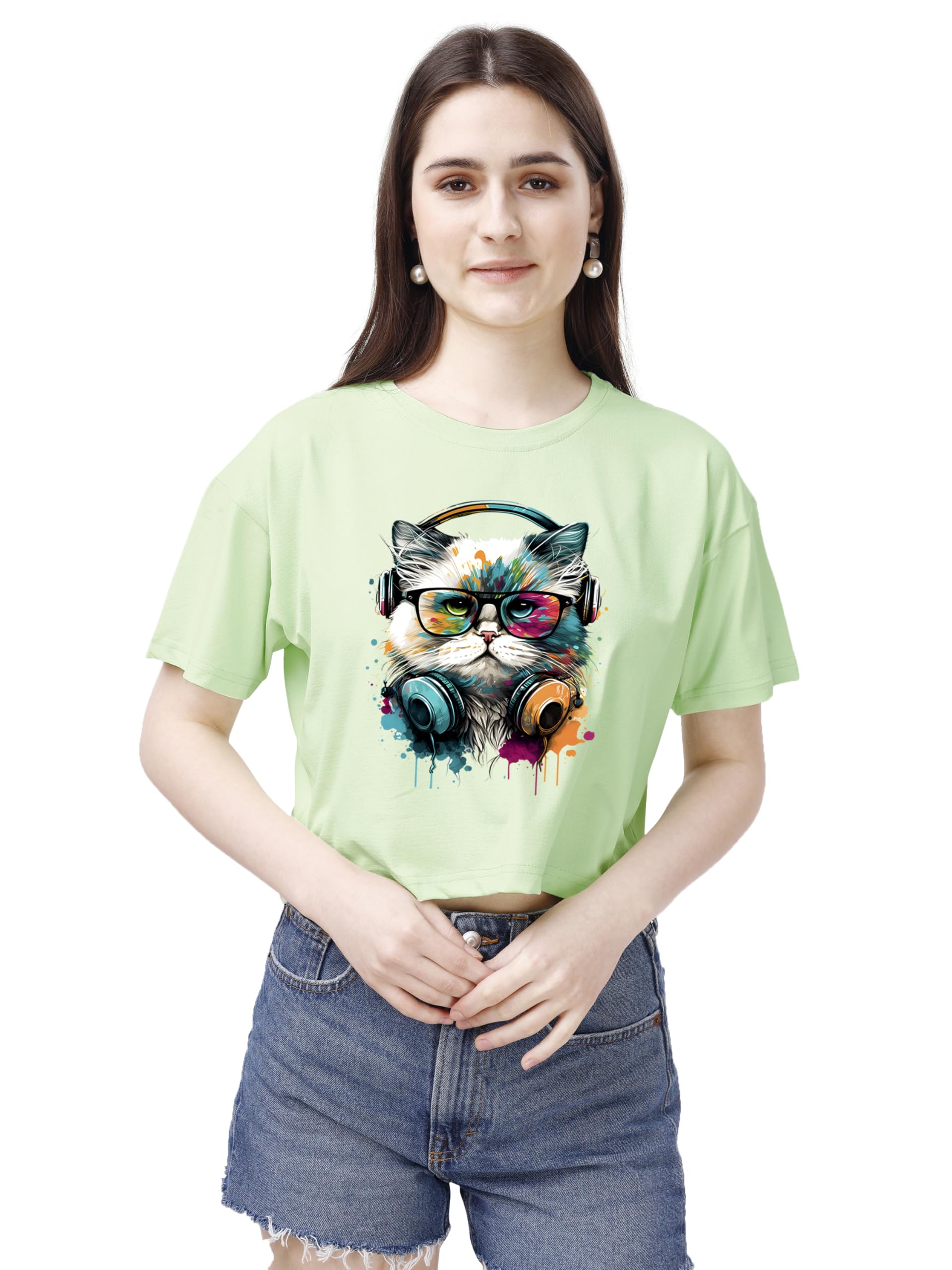 ELLITI Soft Rich Cotton Casual Cat Face Printed Cyan/See Green Half Sleeve | Round Neck | Oversized/Loose Fit | Down Solder | Ra