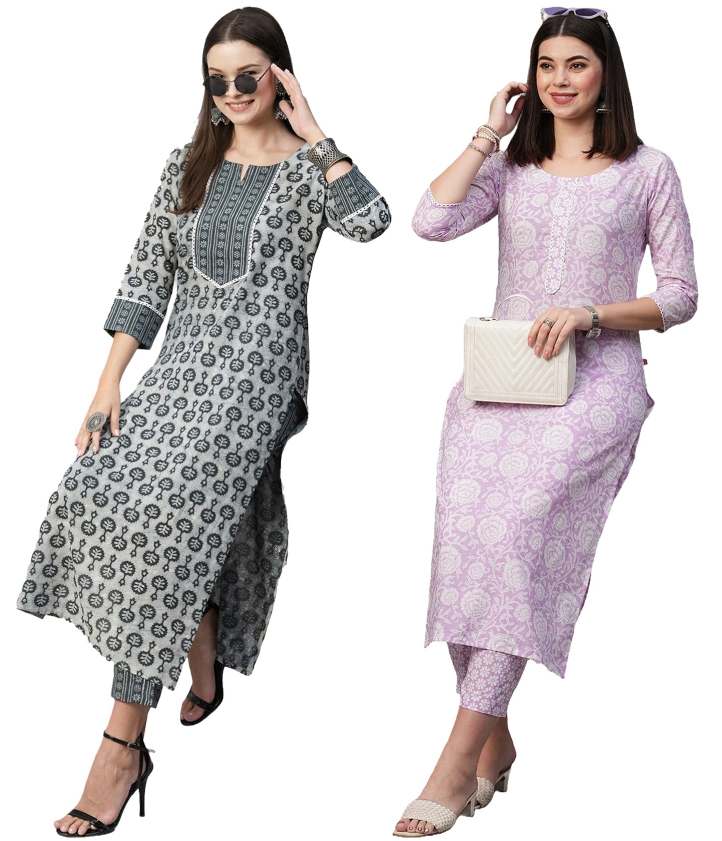 ANNI DESIGNER Ladies Cotton Blend Kurta with Trousers Pack of 2, multi-coloured, S