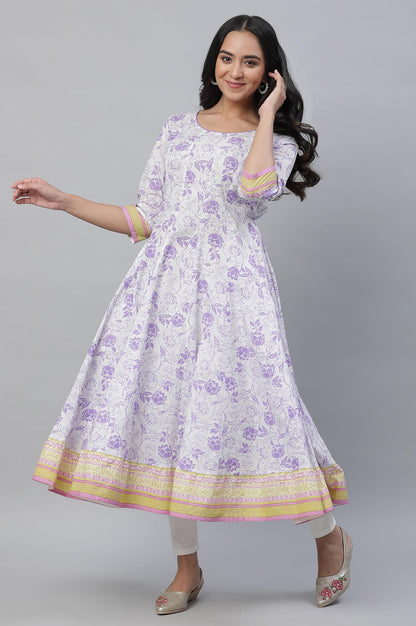 Aurelia White Kalidar Floral Printed Kurta, Tights and Dupatta Set