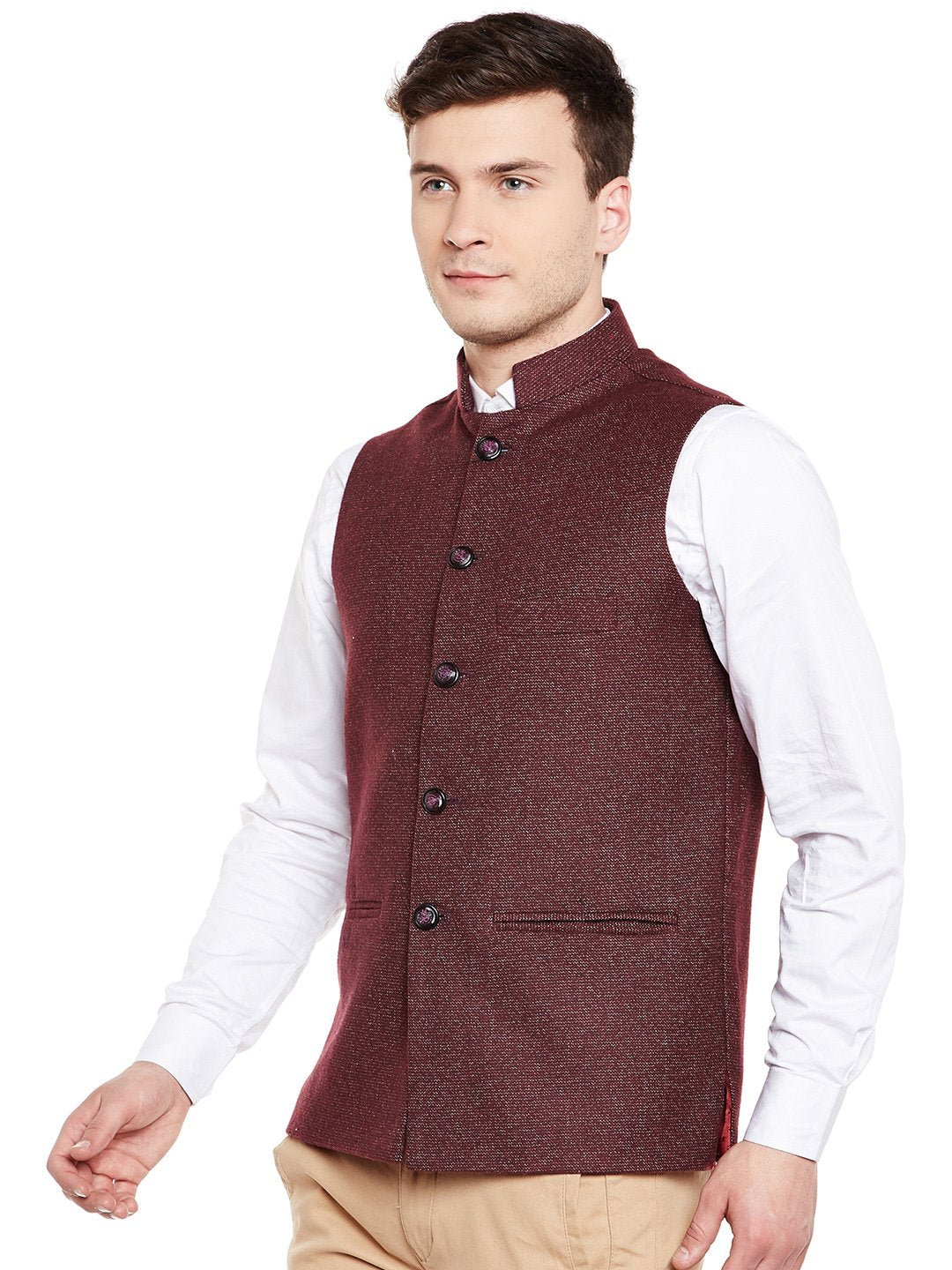 WINTAGE Mens Wool Blend Grandad Nehru Jacket Vest Waistcoat: Dark Maroon