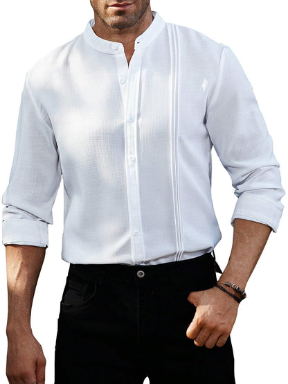 AVANOVA Mens Solid Urban Plain White Color Button-Down Long Sleeve Single-Breasted Stand Collar Slim Fit Business Casual Shirt,