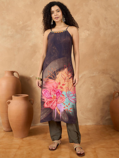 Varanga Women Spaghetti Strap Straight Floral Kurta With Trousers