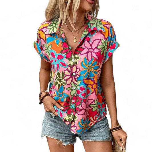Gufrina Shirt for Women Stylish Western|Shirt Type top|Short Sleeve|Fabric Rayon| Collar Neck |Bright Floral Print|Casual Regula