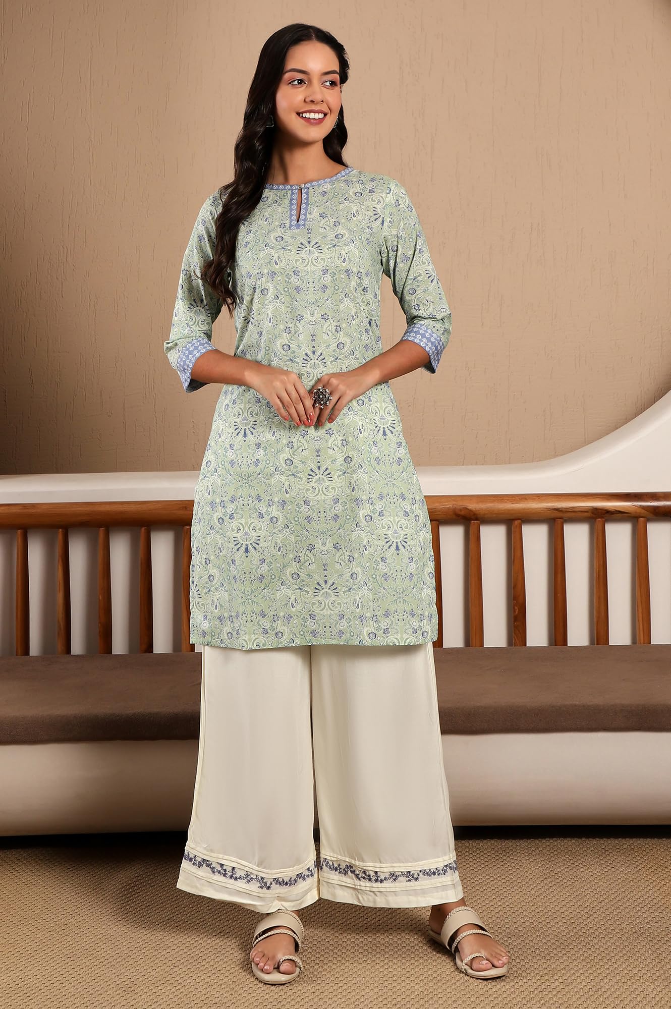 W For Woman Light Green Floral Printed Cotton Regular Kurta