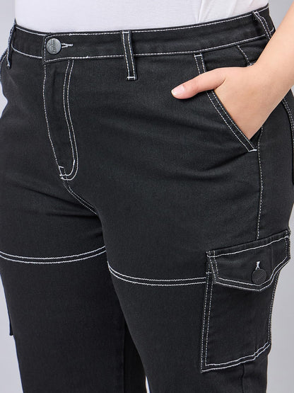Style Quotient Women Plus Size Black Relaxed Fit High Rise Stretchable Cargos