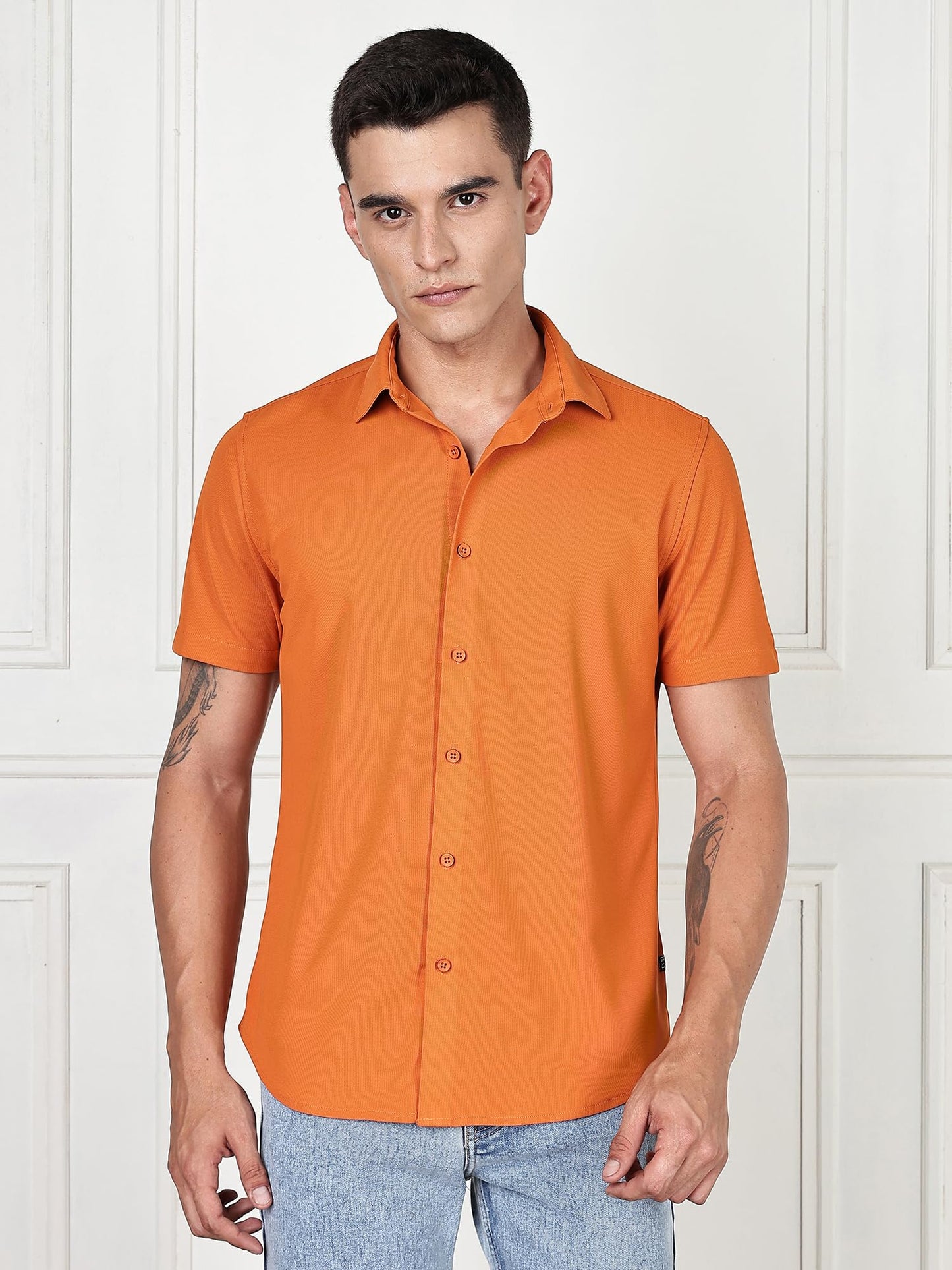 Thomas Scott Mens | Premium | Spread Collar | Slim Fit | Short Sleeves | 4 Way Stretch | Coolmax | Knitted | Casual | Shirts fo