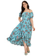Oomph! Flared Dress For Women Stylish | Long One Piece For Women | Off Shoulder Puff Sleeve Long Dress | Floral Print Maxi One P