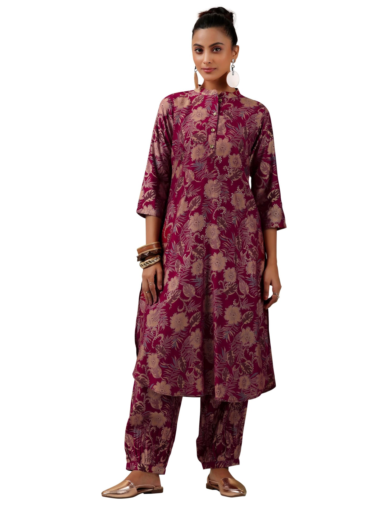 Libas WomenS Printed Co-Ords (27800_Maroon