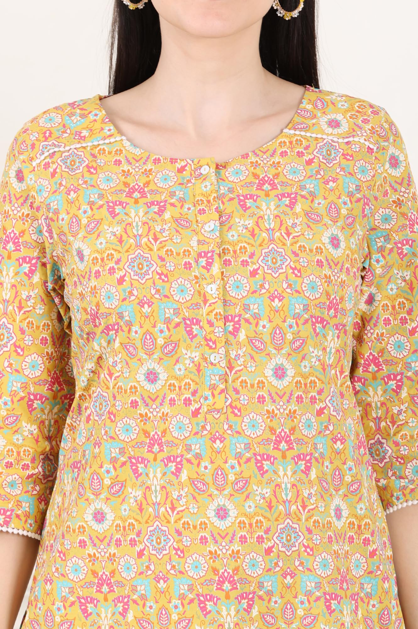 W for Woman Yellow Floral Printed Pure Cotton Straight Kurta