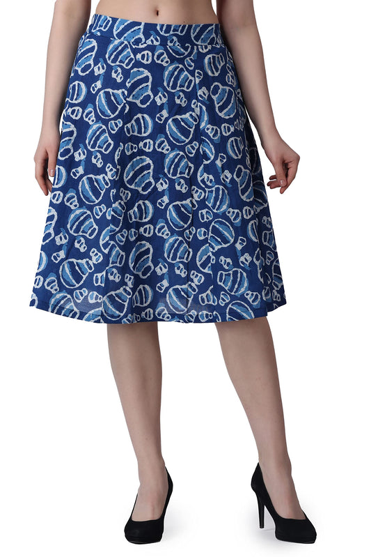 POPWINGS Casual Bagru Printed A Line Knee Length Skirt for Women|Summer Skirt for Women|Ethnic Skirt for Women Blue