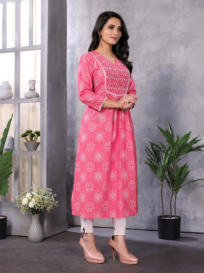 Rangita Pink Cotton Calf Length Embroidered A-Line Kurti | Kurta For Women_M