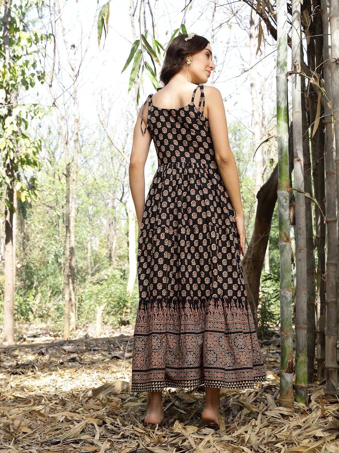 Stylum Womens Ethnic Printed Cotton Tiered Dress Black