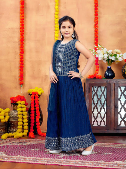 Aarika Girls Ethnic Wear Teal Blue Colour Mirror Embroidery Georgette Lehenga Choli Set (4-10 Years)