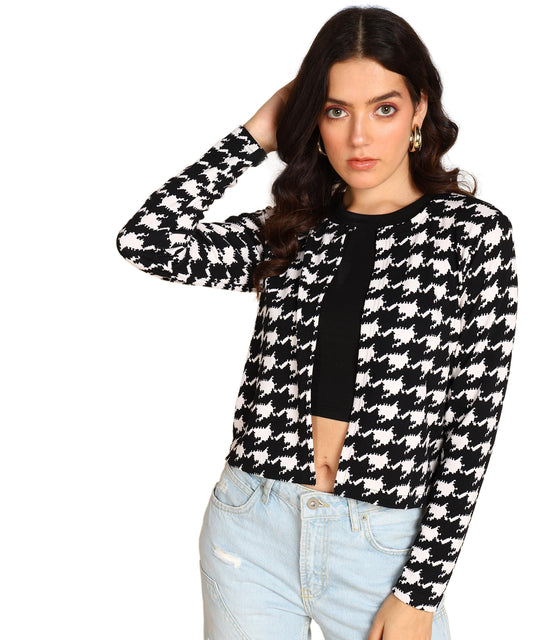 POPWINGS Women Casual Black & White Printed Open Shrug