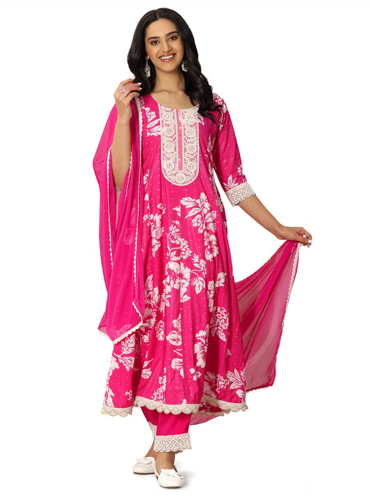 Pink Floral Printed Panelled Anarkali Kurta With Solid Trouser And Chiffon Dupatta