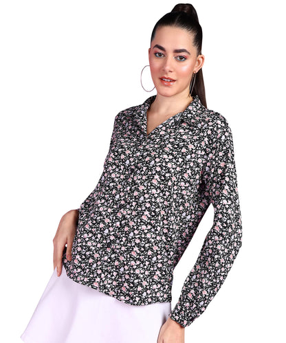 POPWINGS Printed Full-Sleeves Regular-Fit Polyester Printed Shirt for Women Stylish Western Casual Wear