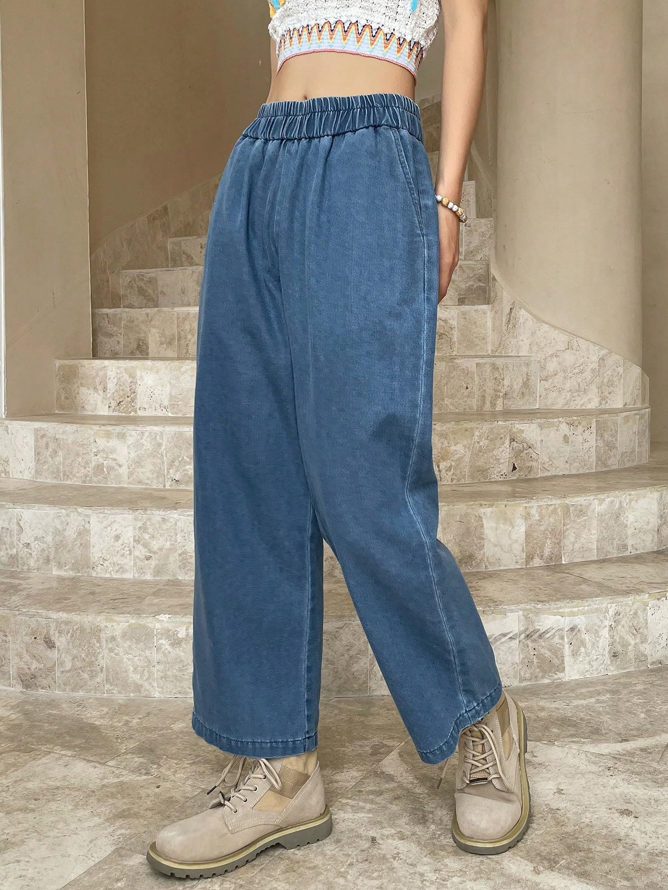 Shasmi Girls & Womens Blue Denim Cotton Elastic Waist Cropped Straight Ankle Length Wide Leg Casual Baggy Jeans for Women, Tro