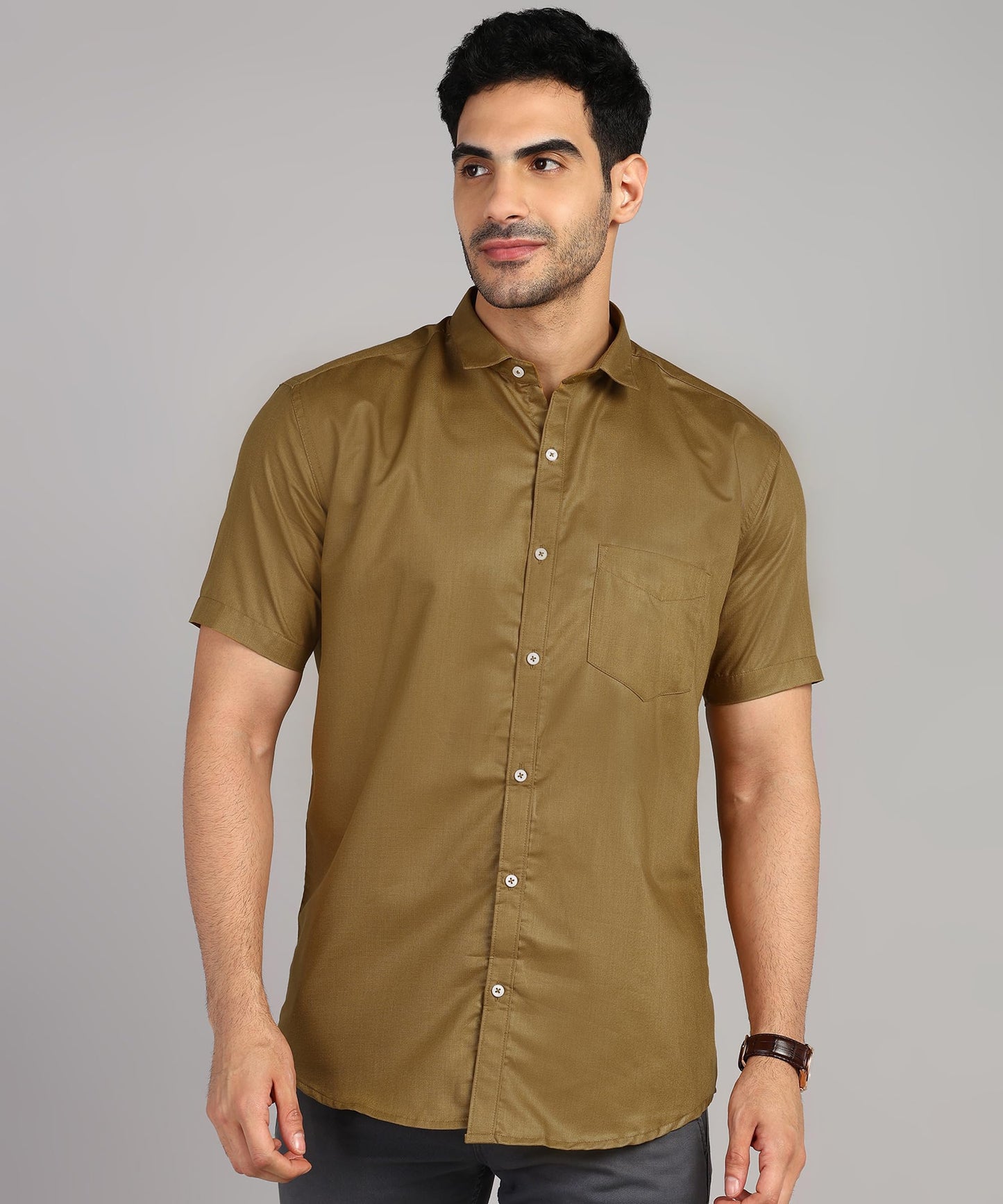 Mildin MenS Cotton Blend Solid Shirt With Spread Collared Half Sleeve Curved Hemline Button Closure Regular Fit And One Pocket