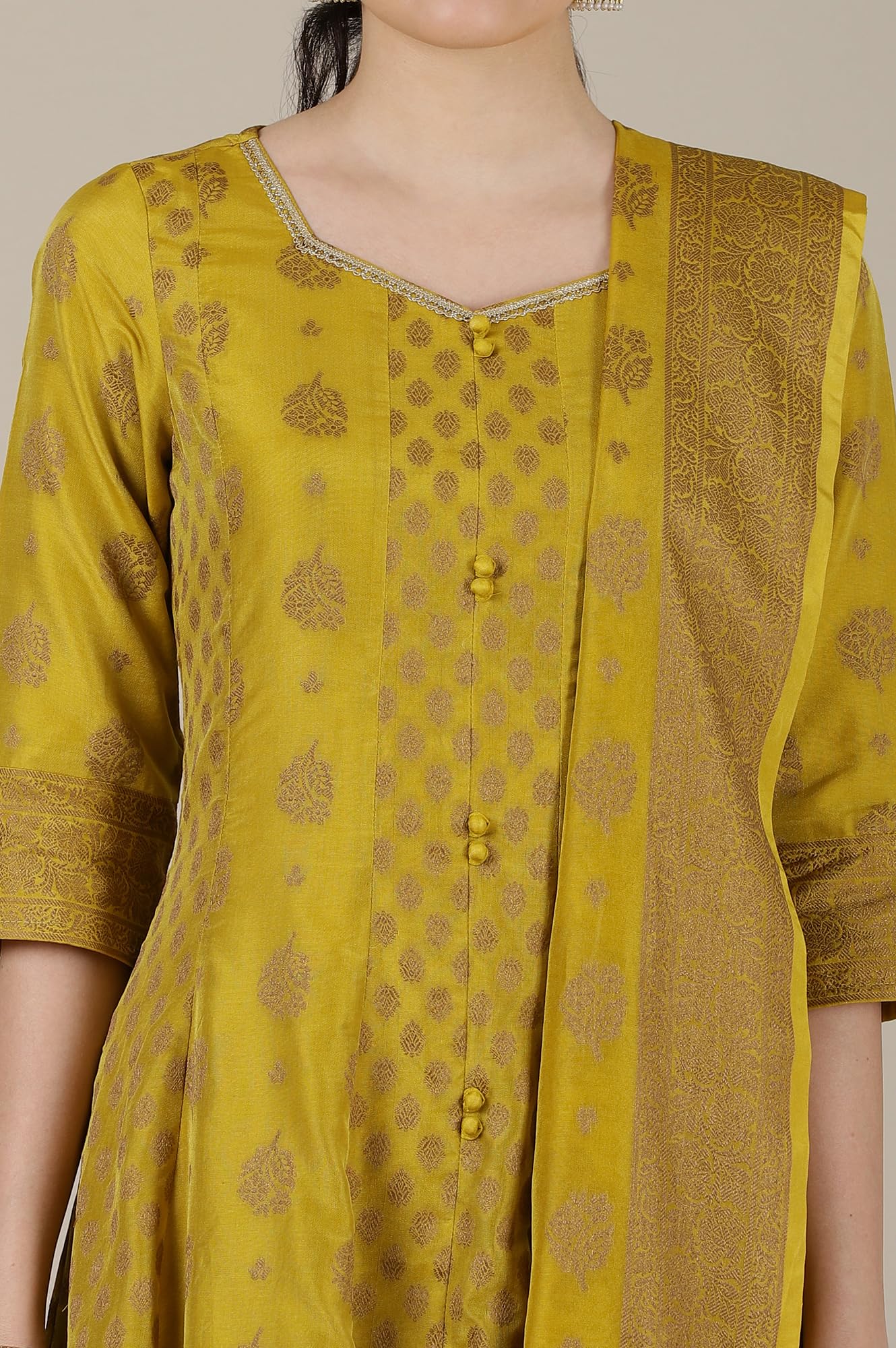 Aurelia Women? Abstract Printed Flared Kurta Set with Churidar and Dupatta for Women