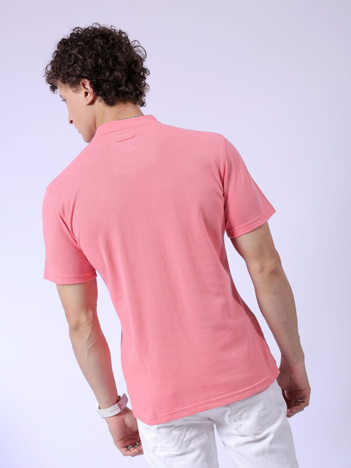 The Indian Garage Co Men Slim Fit Placement Embroidery Henley Tshirt Strawberry