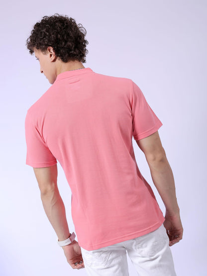 The Indian Garage Co Men Slim Fit Placement Embroidery Henley Tshirt Strawberry