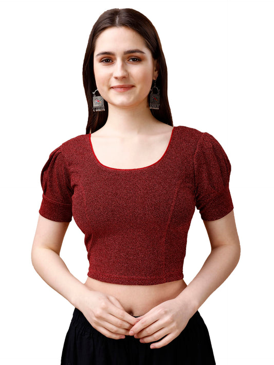 Pujia Mills Womens Readymade Shining Lycra Stretchable Round Neck Half Puff Sleeve Blouses Lycra Stretchable red Color Blouse f