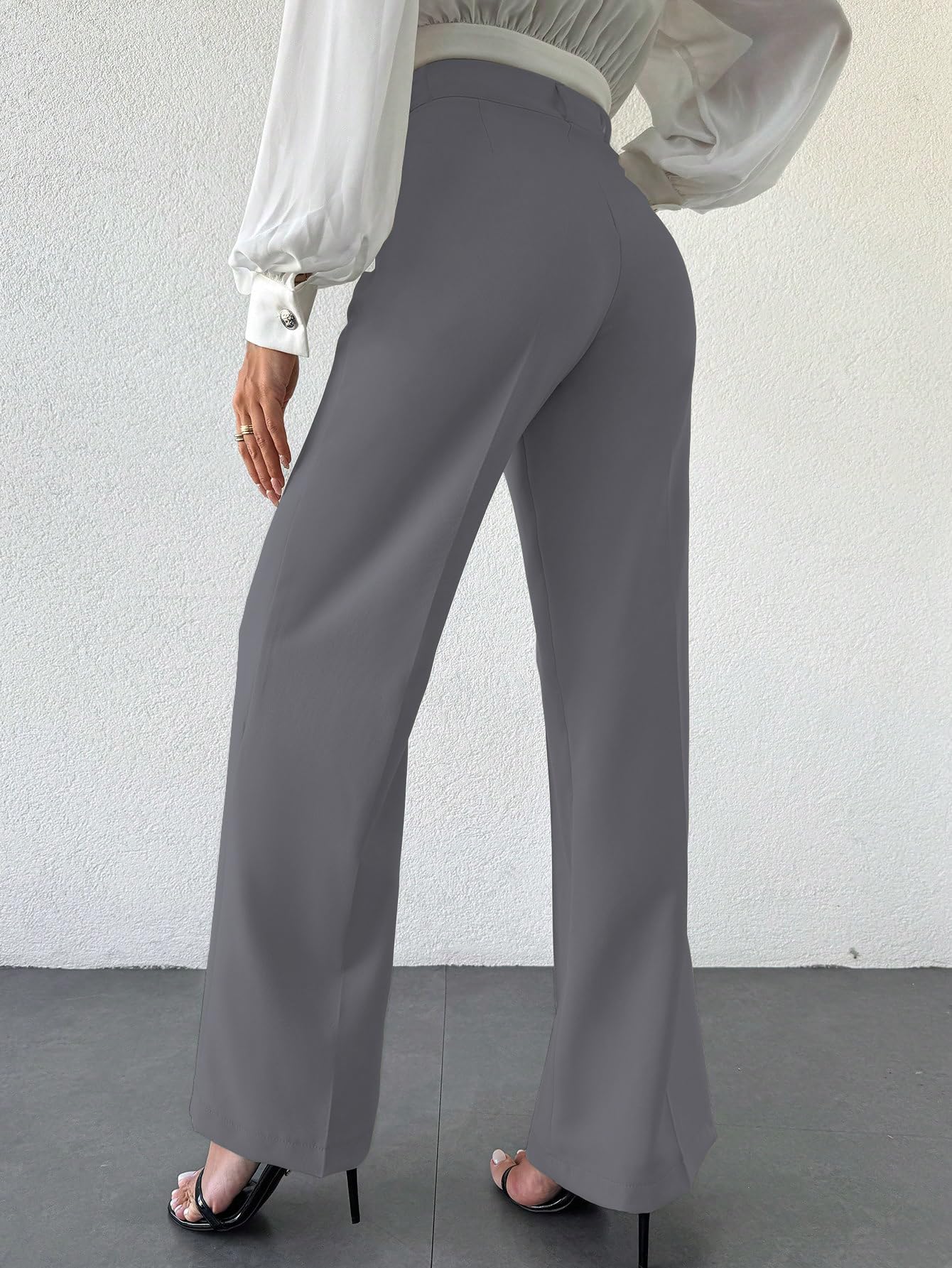 Shasmi Womens Solid Grey Color High Waist, Wide Straight-Leg Loose Fit, Front Button Closure, Simple Daily Casual Long Pants wi