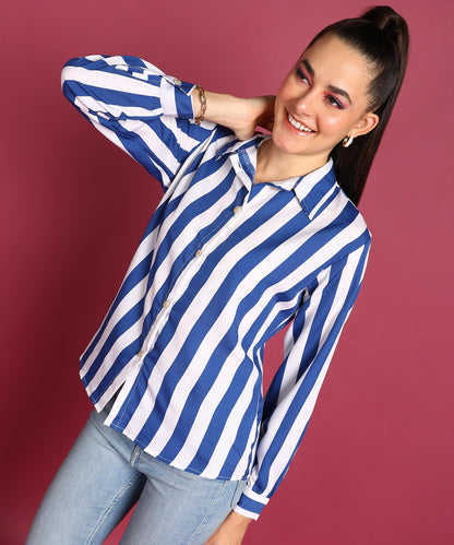 POPWINGS Stripe Printed Crepe Shirt for Women Stylish Western Casual Regular Fit Full Sleeves Shirts for Women