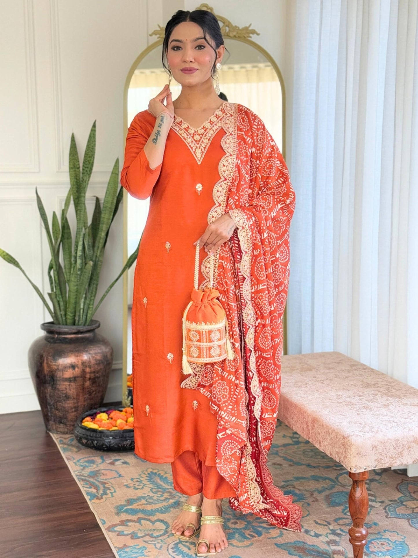 Naixa WomenS Orange Bsy Viscose Embroidered Straight Kurta With Bsy Viscose Pant And Silk Blend Embroidered Laced Dupatta Sets
