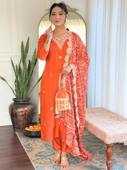 Naixa WomenS Orange Bsy Viscose Embroidered Straight Kurta With Bsy Viscose Pant And Silk Blend Embroidered Laced Dupatta Sets