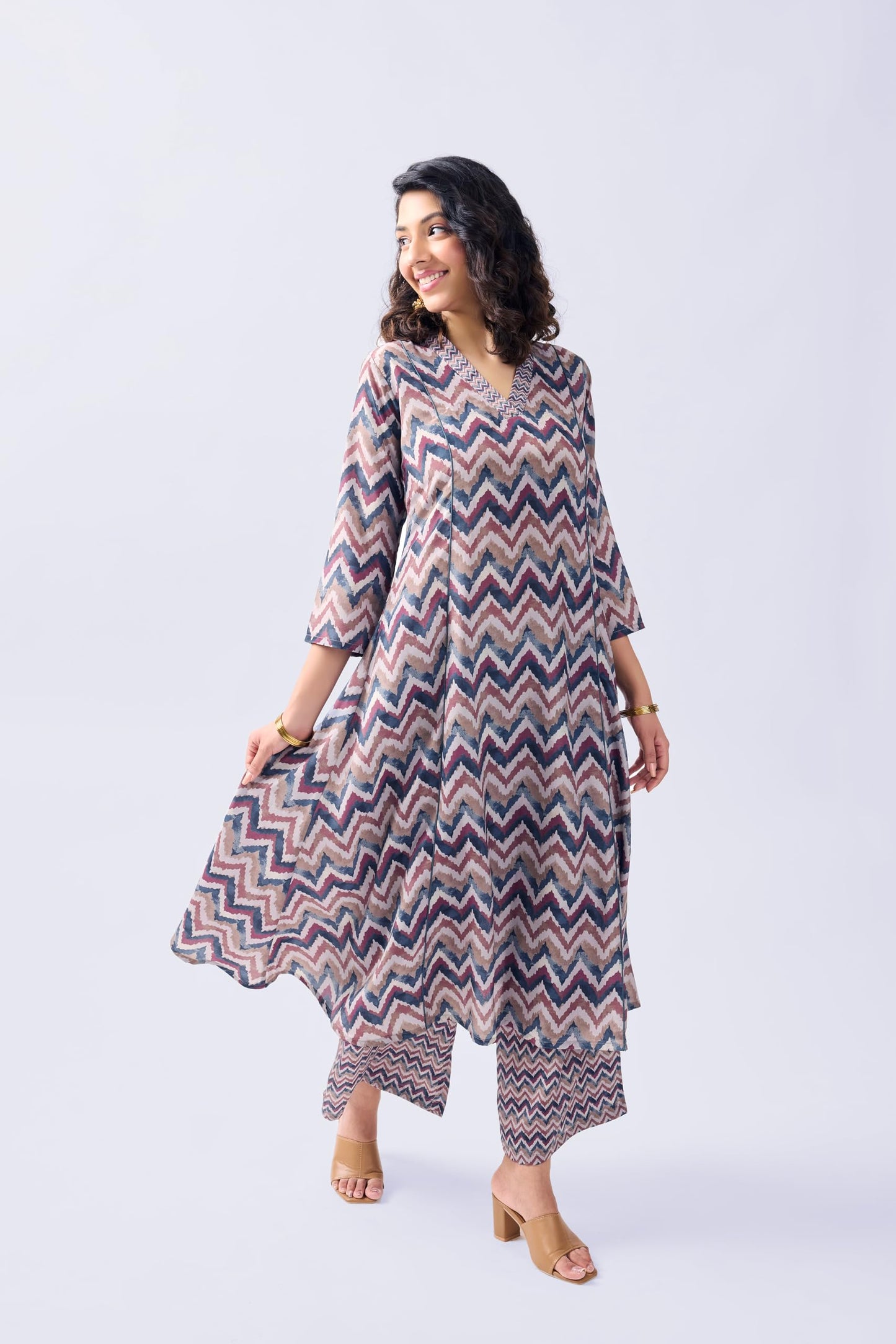 Toochki WomenS Multicolor Zig-Zag Printed Rayon Stitched Dress | Dress For Women Co Ord Set | Latest Women Dress With Pant | Tw