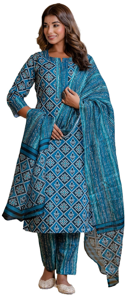 LookMark Printed Cotton Blend Straight Kurta Pant with Dupatta Set-Stylish Ethnic Wear For Women