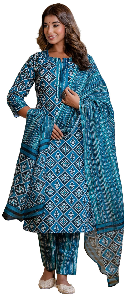 LookMark Printed Cotton Blend Straight Kurta Pant with Dupatta Set-Stylish Ethnic Wear For Women
