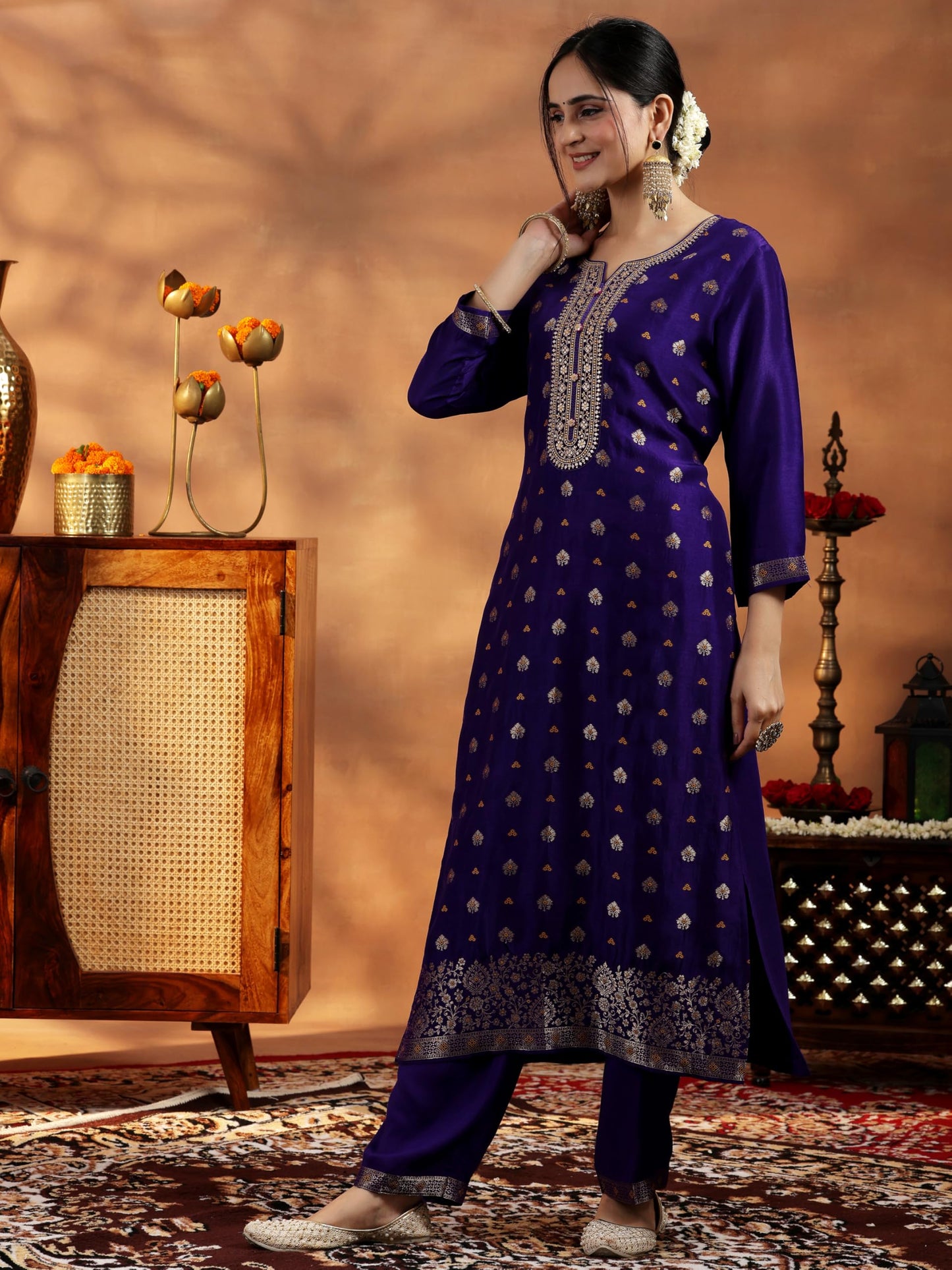 Libas Womens Woven Design Silk Blend Straight Kurta With Palazzos And Dupatta