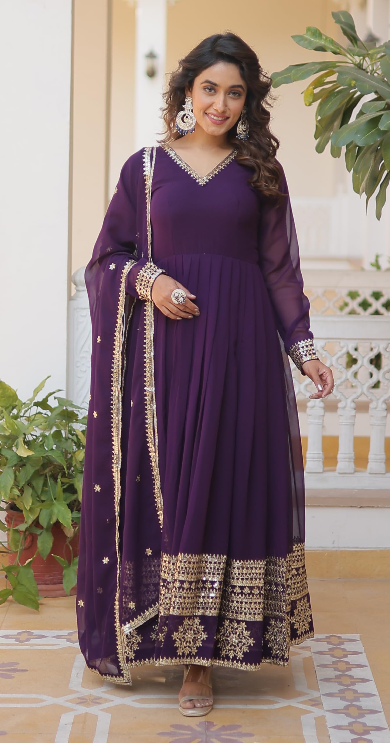 Fashion Basket Havy Georgette Embroidered Anarkali Dress For Women Purple