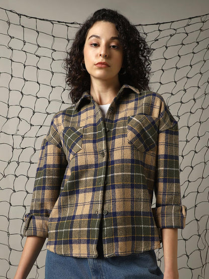 Hubberholme Women Cotton Check Oversized Fit Spread Collar Full Sleeves Shirts