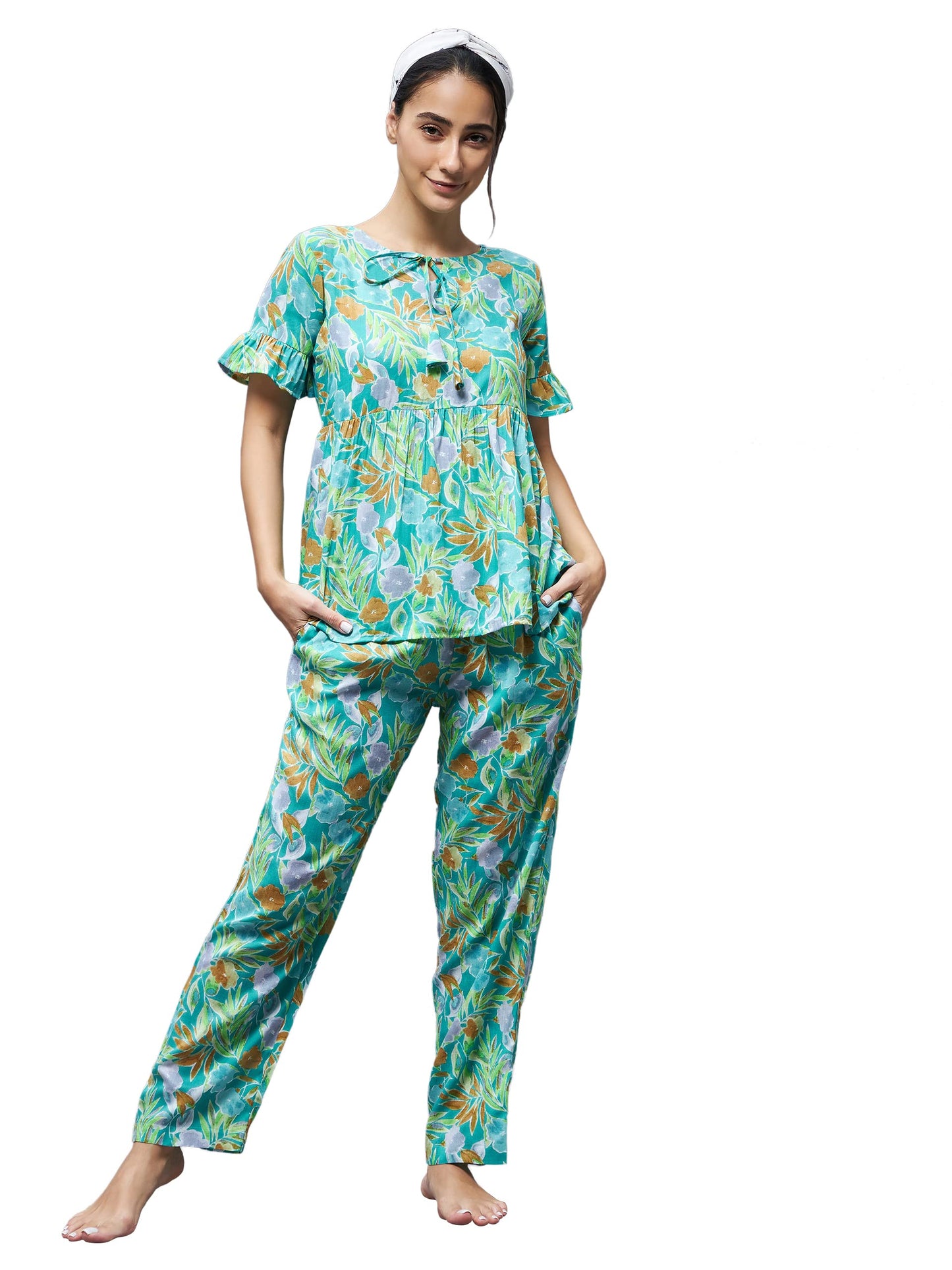 Miss Chase Womens Mint Green Round Neck Ruffled Short Sleeve Floral Tie-Up Regular Top & Pajama Set (MCSS22NW06-28-79-04, Green
