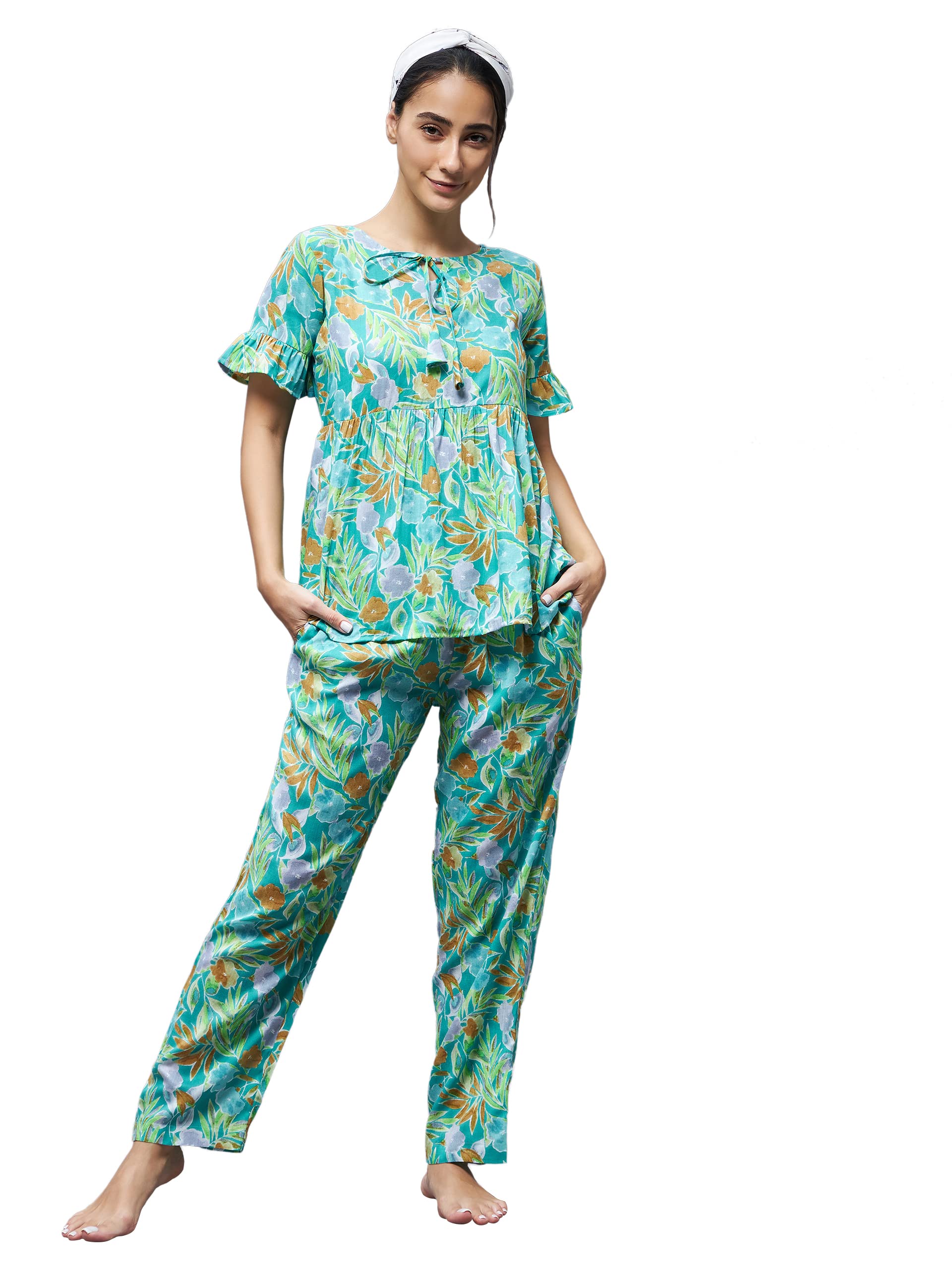 Miss Chase Womens Mint Green Round Neck Ruffled Short Sleeve Floral Tie-Up Regular Top & Pajama Set (MCSS22NW06-28-79-04, Green