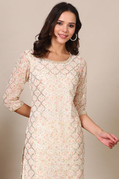 Aurelia Women's Abstract Printed Georgette Regular Kurta With Embellished Neck