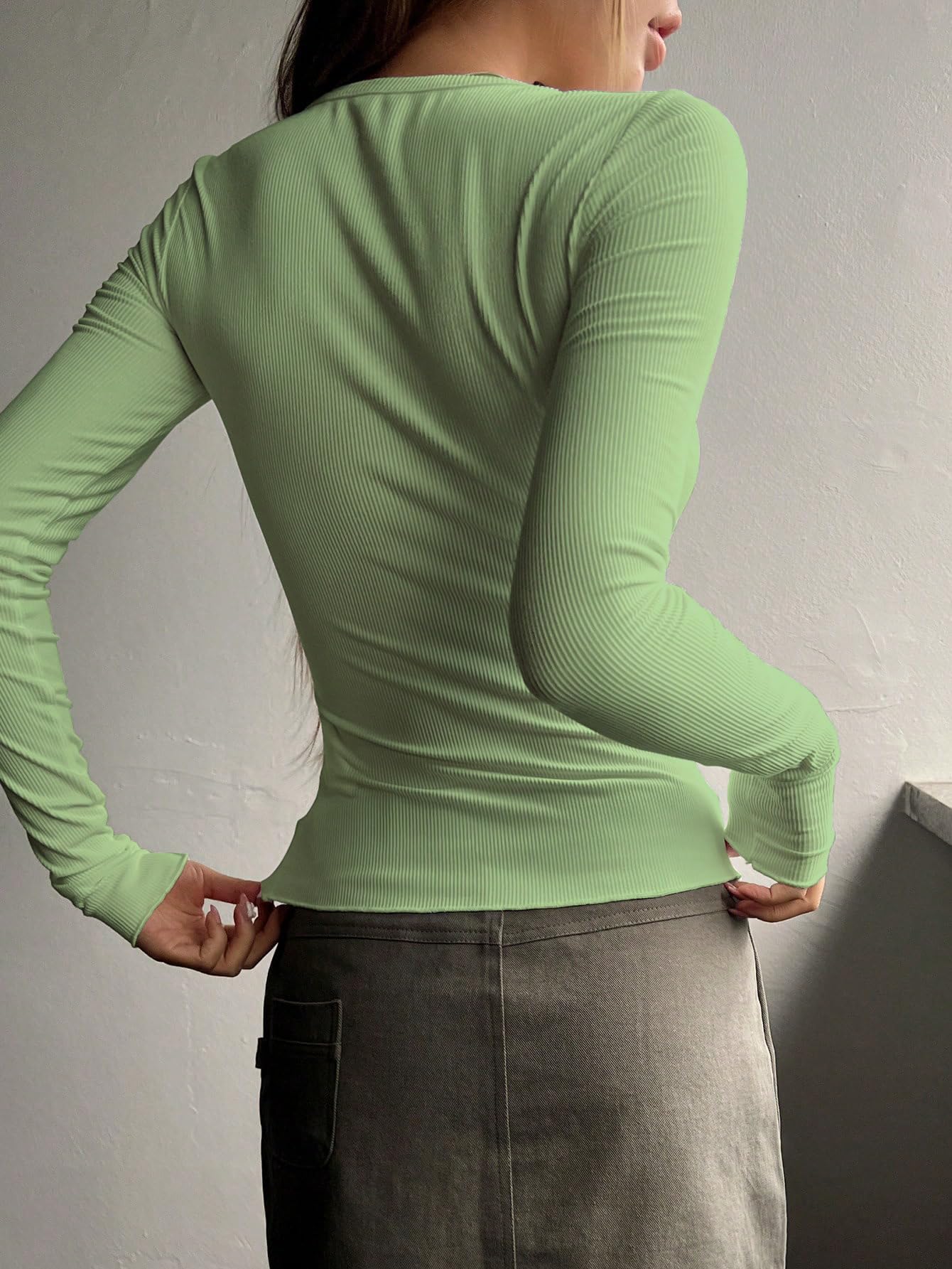 Shasmi Womens & Girls Light Green Long Sleeve Round Neck Solid Color Ruched Workwear Casual Top Half Button Down Henley T-Shir